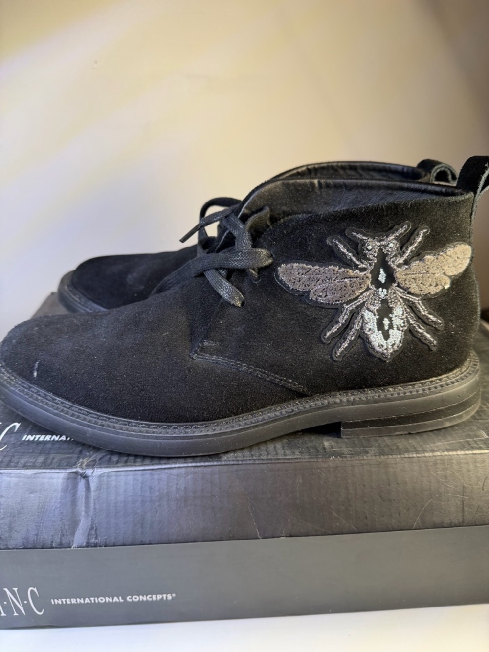 INC International Concepts Black Suede Ankle Boots with Embroidered Bee